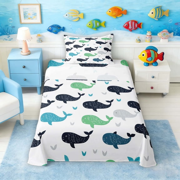 Manfei Colorful Whale Twin Sheet Sets for Kids Boys and Girls, Sea Animal Bedding 3-Piece, 1 Flat Sheet, 1 Fitted Sheet and 1 Pillowcase