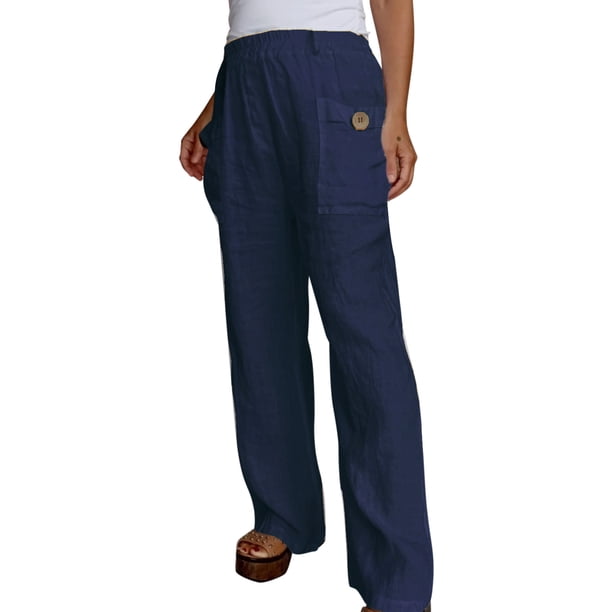 Gibobby pantalones de vestir mujer cintura alta Pantalón largo de algodón y lino para mujer, cintura elástica, informal, con bolsillos (Azul marino, XXL)