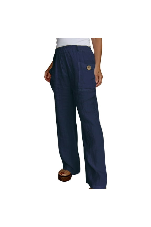 Summer Pants for Women Linen Fashion Long Pant Elastic Waist Casual Trousers With Pockets Winter Clothes for Women Petite Petite Pants Casual Zipper Ladies Tall Pant with Pocket Apparel Dark Blue 3XL