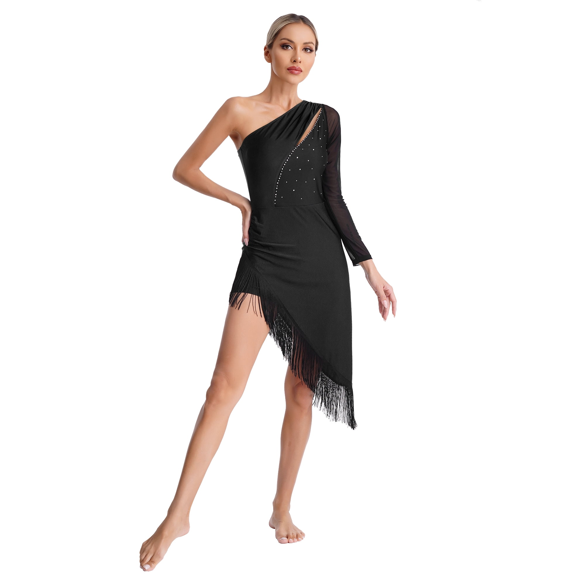 Robe de Danse Latine Salsa pour Femmes avec Strass Brillants et