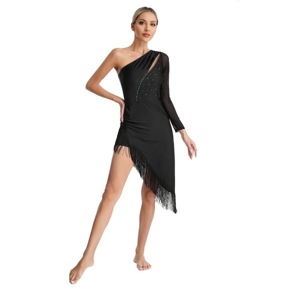 Yhong Women Latin Dance Dress One Shoulder Fringe Samba Cha-cha Tango Ballroom Dance Costume Black L
