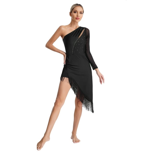 XUNZOO Women One Shoulder Tassel Latin Tango Dance Dress Shiny Rhinestones Asymmetrical Fringe Dress Black L