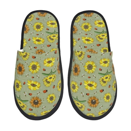 Balery Sage Green With Sunflowers Slient Indoor Furry Fleece Comfort House Shoes Soft Non-Slip Home Shoes Cotton slippers House Slippers-- Large
