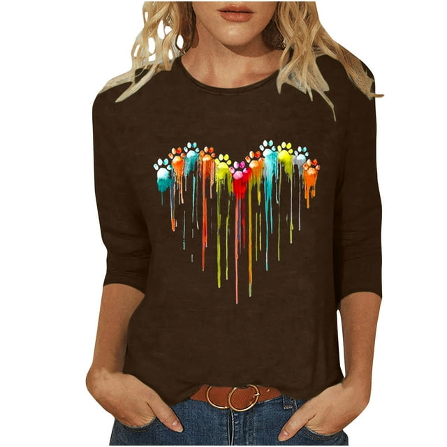 PEZHADA Blouses pour Femmes Manches 3/4 Mode Féminine Manches Trois-Quarts Col Rond Rétro Imprimé Hauts Amples Blouse Manches Trois-Quarts