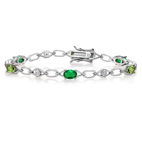 Gem Stone King 925 Sterling Silver Green Nano Emerald and Green Peridot and Round White Lab Grown Diamond Tennis Bracelet for Women (2.74 Cttw, Gemstone Birthstone, Oval 6X4MM, 7.25 inches)