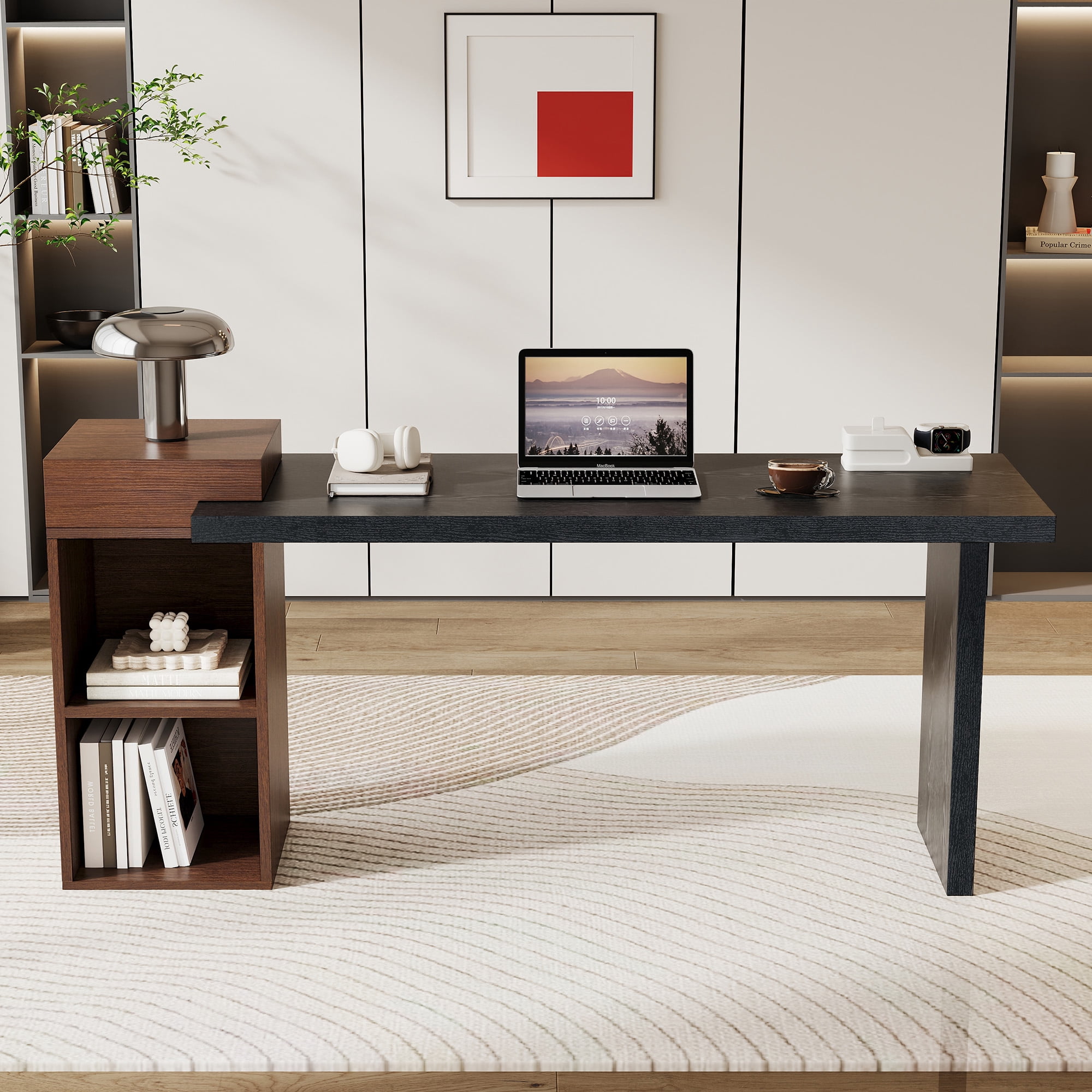 Computer Desk,Two-Tone Sofa Side Table with 2-Tier Open Storage Shelves,Wood Multipurpose Office Desk Study Desk Entryway Console Table for Study,Bedroom,Living Room,Walnut
