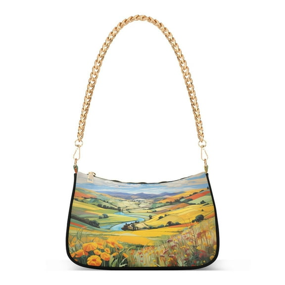 Womens Chain Shoulder Bag Flowers Field and Sky Classic Tote Handbags Fashion Clutch Hobo Purse with Zipper for Travel Casual