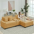 thumbnail image 4 of JUSTLET 111.8" Sectional Sofa with Ottoman, L-Shaped Modern Modular Couch, Oversized Corduroy 4 Seat Sofa with Storage Box, USB & TYPE C Port and Two Cup Holders for Living Room, Yellow, 4 of 10