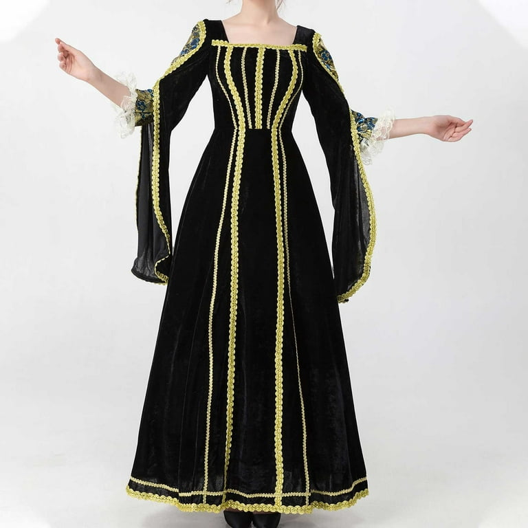 RYRJJ Renaissance Dresses for Women Costume Bell Long Sleeve Square Neck  Lace-Up Velvet Maxi Dress Ball Gowns Medieval Peasant Dress(Z2-Black,M)
