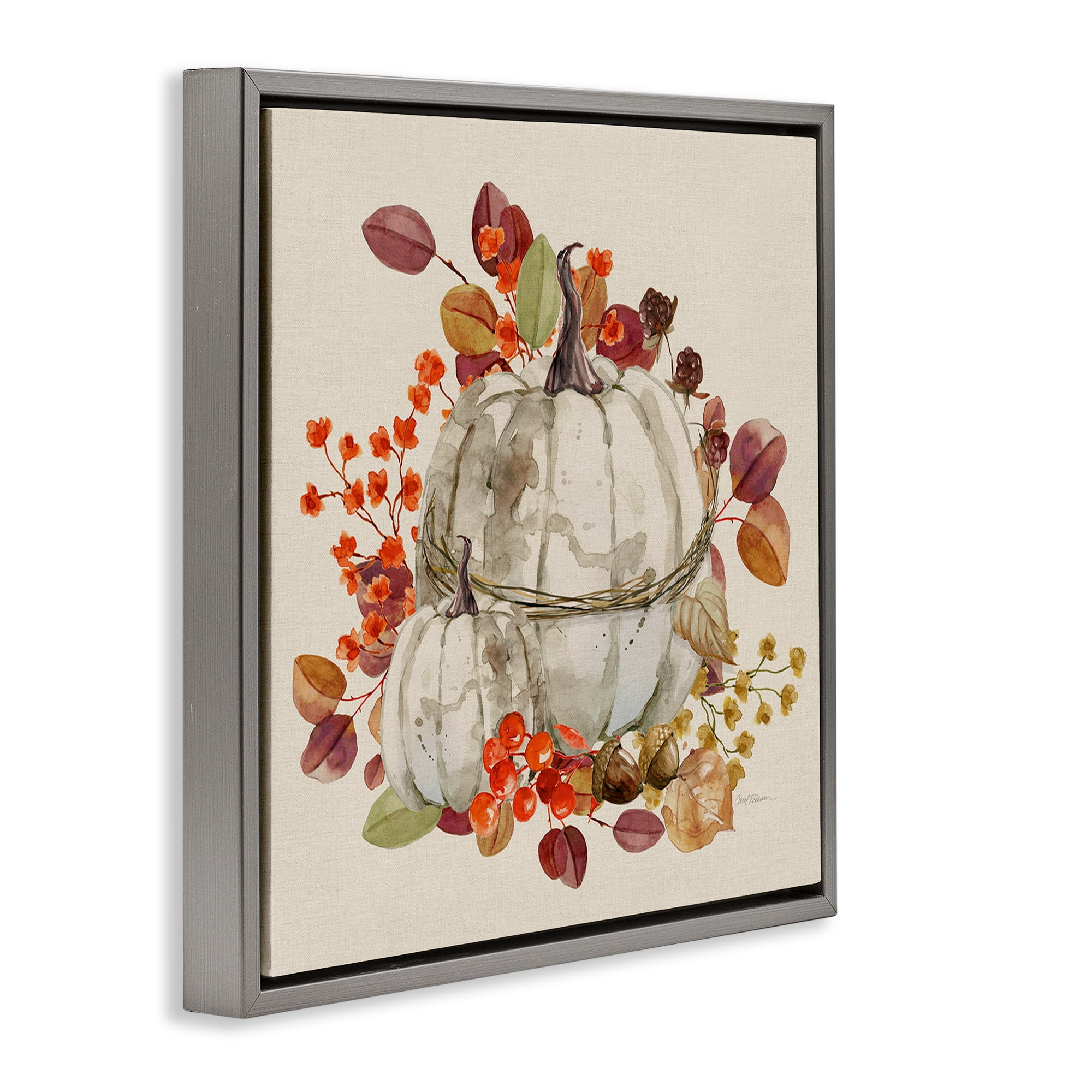 Stupell Industries Seasonal Pumpkin & Leaves Botanical & Floral Painting Gray Floater Framed Canvas Art Prints Wall Art, 18 x 18