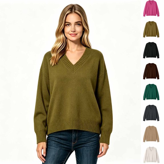 Women’s V Neck Oversized Knit Sweater, Loose Fit PulLover Fall Winter Knit Top,Sizes S-L