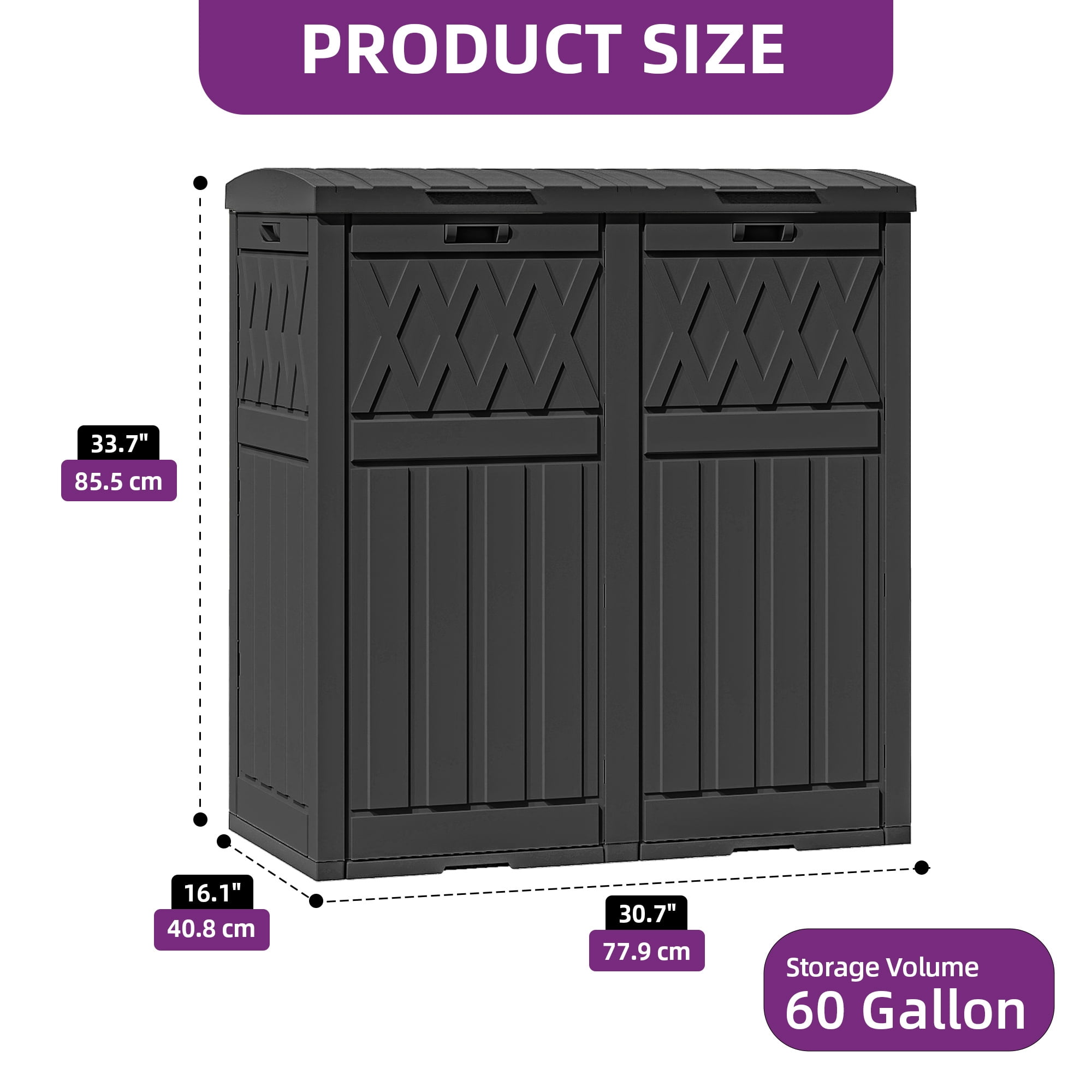 Uforic 62 Gallon Dual Compartment Outdoor Garbage Bin, Waterproof Resin Trash Can with Tiered Lid & Drip Tray for Patio Deck Backyard, Black
