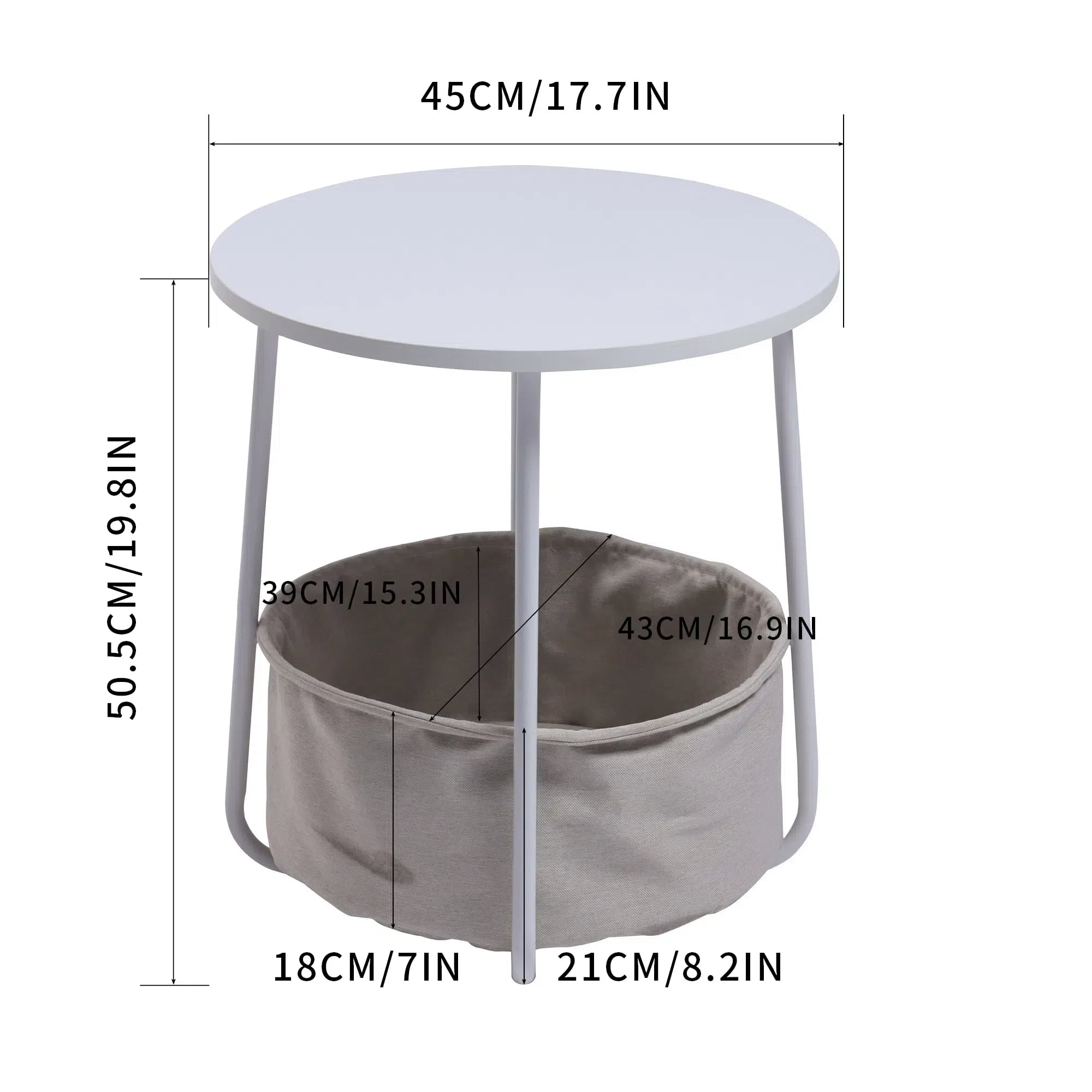Homy Casa Round End Table with Storage Basket, Accent Table for Reading Nook, White