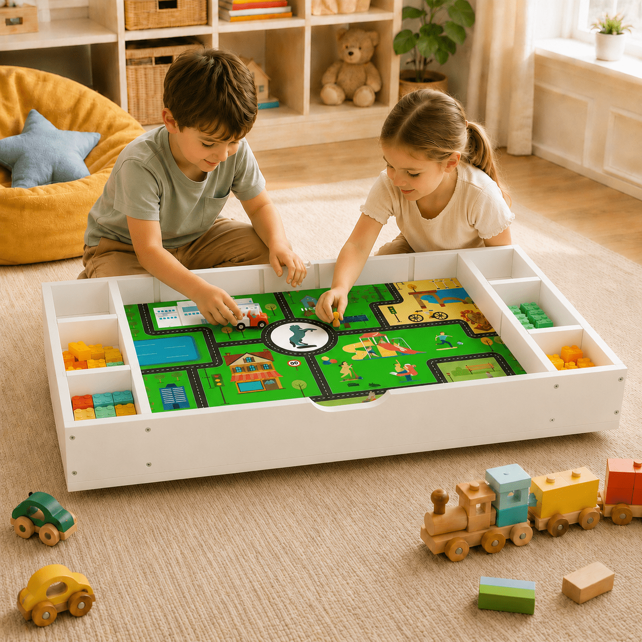 Kids Activity Table 37.99 Inch, 3-in-1 Reversible Toy Organizer with Lego Compatible Top and Whiteboard, Play Table for Children's Room and Nursery, White