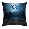 thumbnail image 1 of Halloween Decorations Throw Pillow Cushion Cover, Misty Lake Scene Rusty Wooden Deck Spider Eyeball and Bats Moonlight, Decorative Square Accent Pillow Case, 18 X 18 Inches, Blue Brown, by Ambesonne, 1 of 2