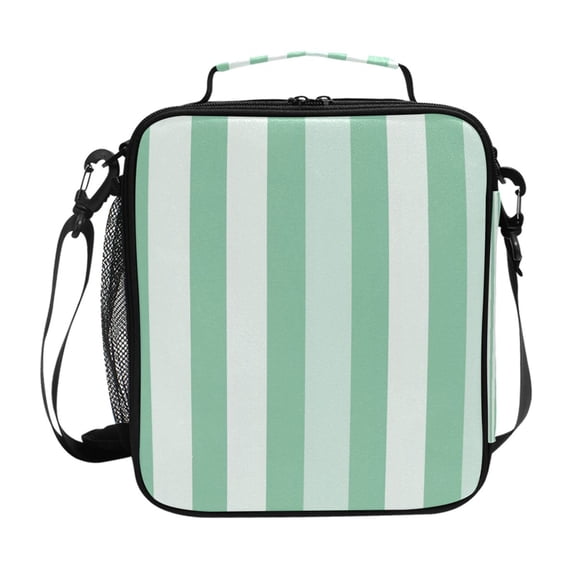 Mint Green Broad Stripes Insulated Lunch Bag Reusable Lunch Box Lunch Container with Straps