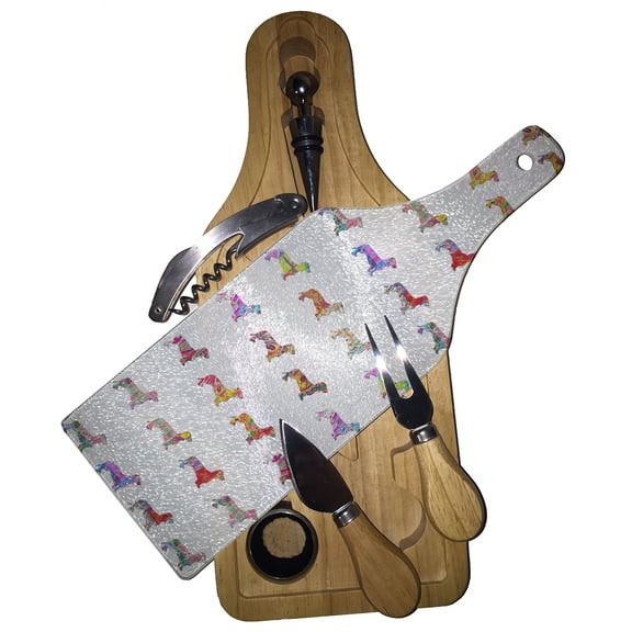 KuzmarK Wine & Cheese Glass Cutting Board Wood Box Gift Set - Dachshund Dogs Pretty