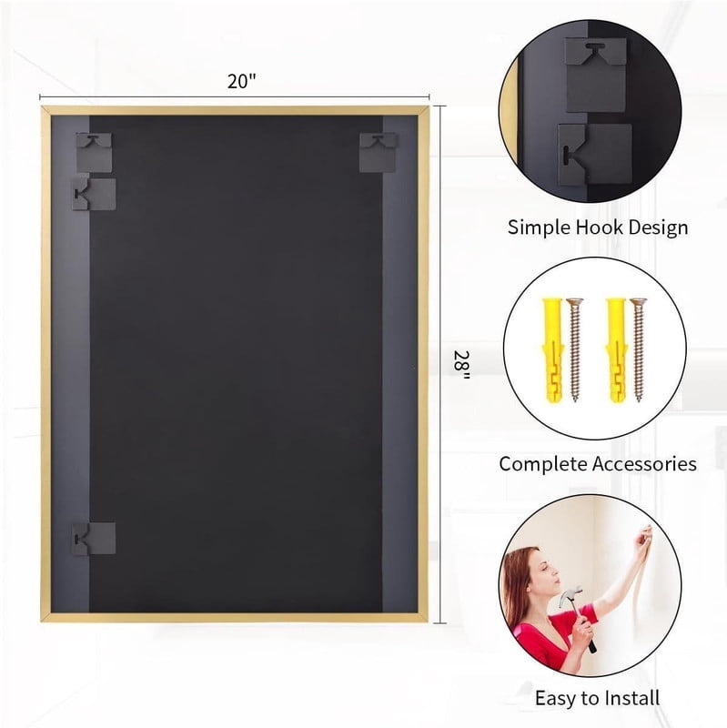 Gleamira 20"x28" Bathroom Wall Mirror with Rectangular Metal Frame, Gold