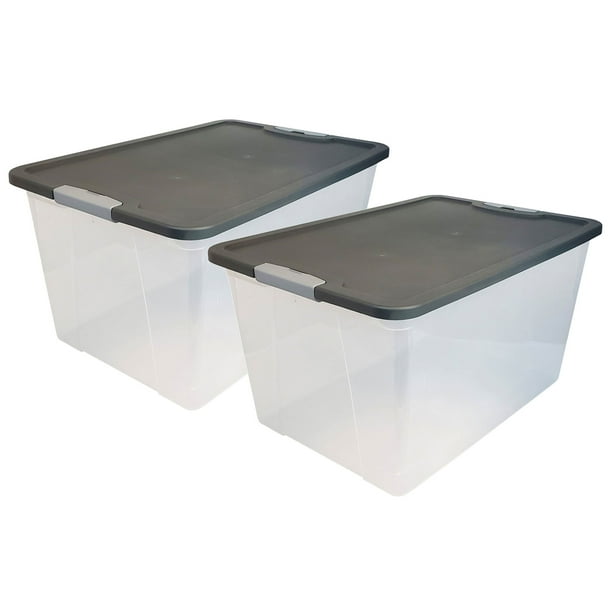 Homz 64 Qt Secure Latching Large Plastic Storage Bin w Gray Lid 2 Pack