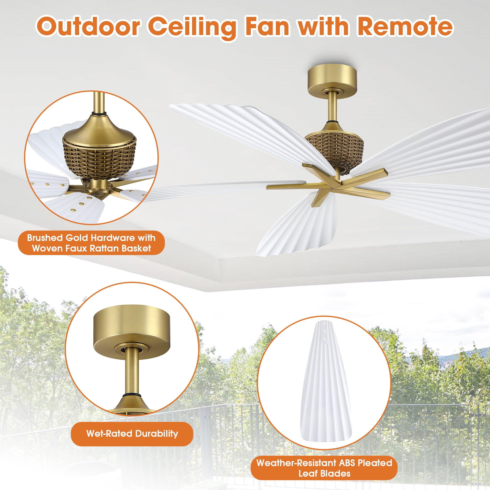 Parrot Uncle 56" Outdoor IP66 Waterproof Tropical Palm Leaf Ceiling Fan with Remote Control, 6-Speed DC Motor, No Light, White ABS Blades