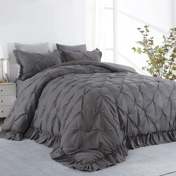 Oversized King Comforter Set, Ultra Soft Pinch Pleat Bedding Set with Pintuck Down Alternative Comforter, Ruffles for All Season (Dark Grey, Oversized King Plus-128"x120")