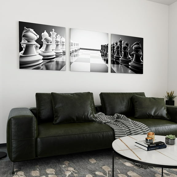 Black and white wall art of chessmen on glossy chess board set of 3 12x12inch each panel canvas stretched on wood frame