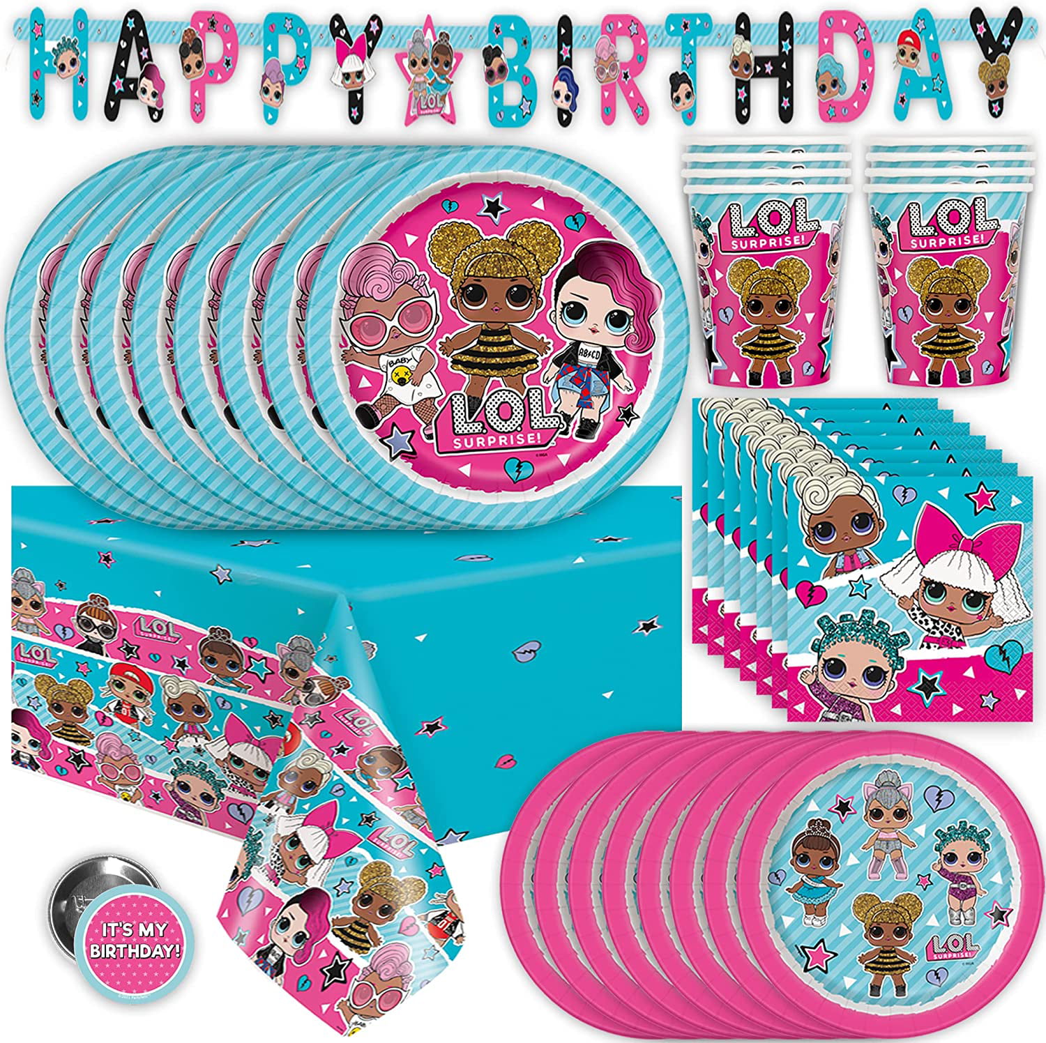LOL Surprise Party Supplies Plates Napkins Tablecloth and More Serves 16 