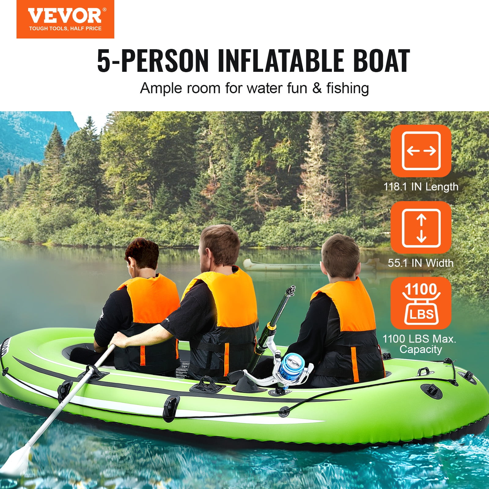 KFFKFF 5-Person PVC Inflatable Boat with Aluminum Oars and High-Output Pump