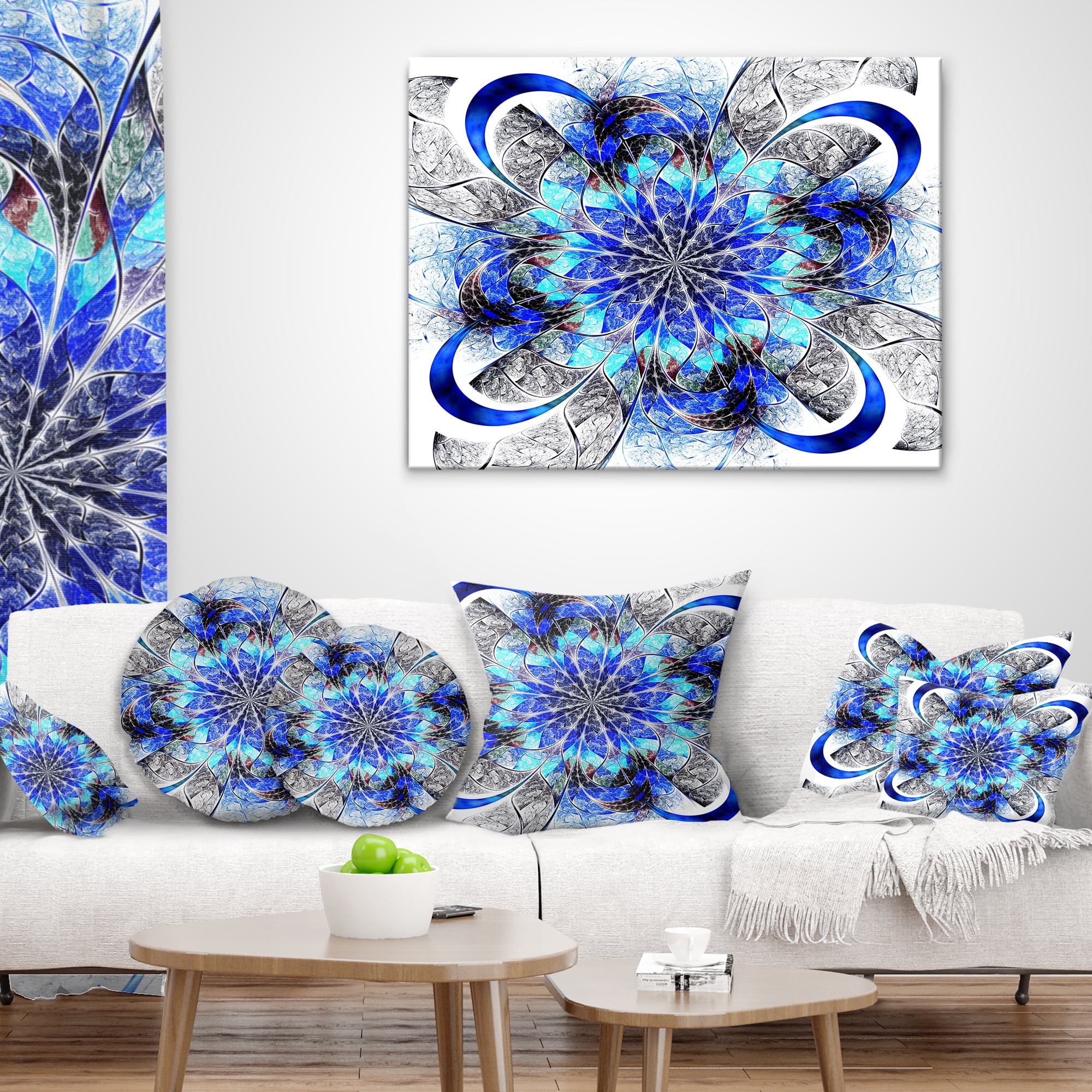 Designart Symmetrical Blue Fractal Flower - Abstract Throw Pillow - 12x20
