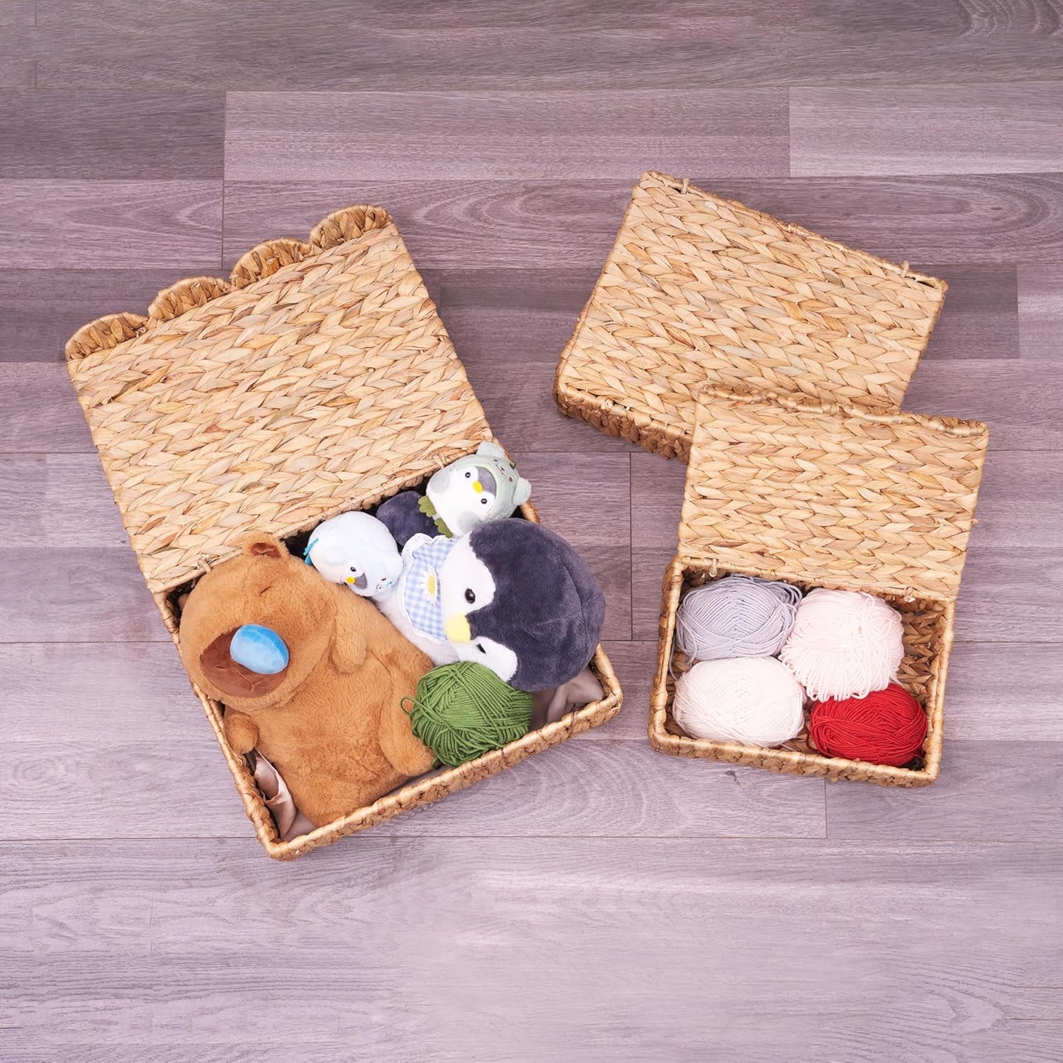Set of 3 Large Woven Storage Baskets with Lids, Rectangular Rattan Decorative Boxes for Home Organization