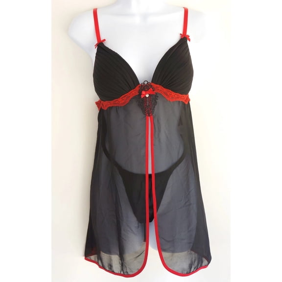 Linea Donatella Black Babydoll Chemise Sleepwear Lingerie 2-Piece Women's Medium