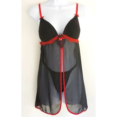 Linea Donatella Black Babydoll Chemise Sleepwear Lingerie 2-Piece Women s Medium