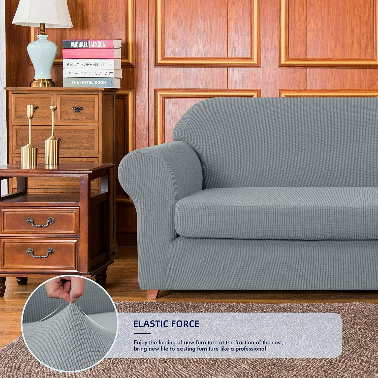 Subrtex Stretch 2-Piece Textured Grid Sofa Slipcover Jacquard Non Slip Couch Cover (Light Gray, Armchair)