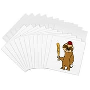 3dRose, Cool Humorous Sloth Playing Baseball or Softball Cartoon, 12 Greeting Cards with envelopes