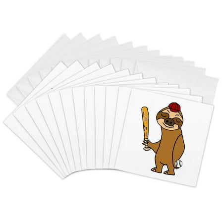 3dRose, Cool Humorous Sloth Playing Baseball or Softball Cartoon, 12 Greeting Cards with envelopes