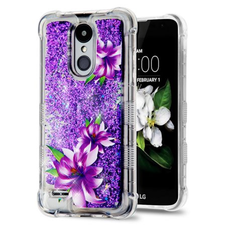 Rebel Floating - TUFF Liquid Floating Glitter Quicksand Waterfall Hybrid Silicone Gel Phone Protector Case - (Purple Lilies) and Atom Cloth for LG Rebel 3 4G LTE L157BL, L158VL