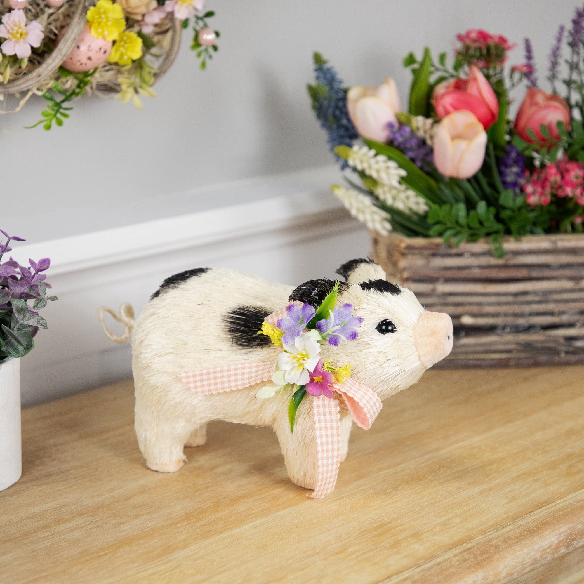 Northlight Spotted Piglet with Bow and Flowers Spring Figurine - 9"