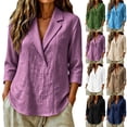 thumbnail image 2 of Oksale Cotton Linen Tops for Women Summer Casual Lapel V Neck Beach Vacation Shirts Loose Fit 3/4 Sleeve Cozy Plus Size Blouses Khaki M, 2 of 6