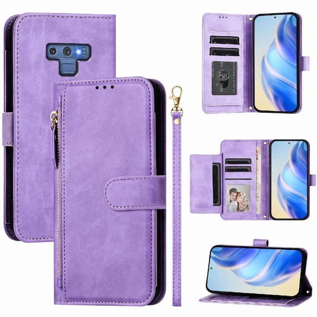 Étui pour Samsung Galaxy Note 9 avec Poche Zippée, Portefeuille Magnétique à Rabat avec 7 Emplacements pour Cartes et Dragonne