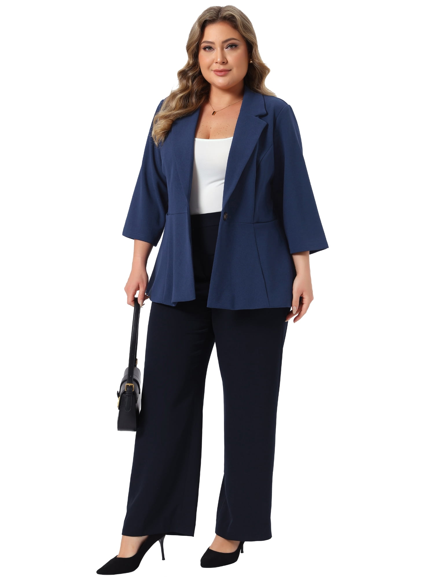 DARING DIVA Women's Plus One Button 3/4 Sleeve Peplum Blazer 3X Navy Blue
