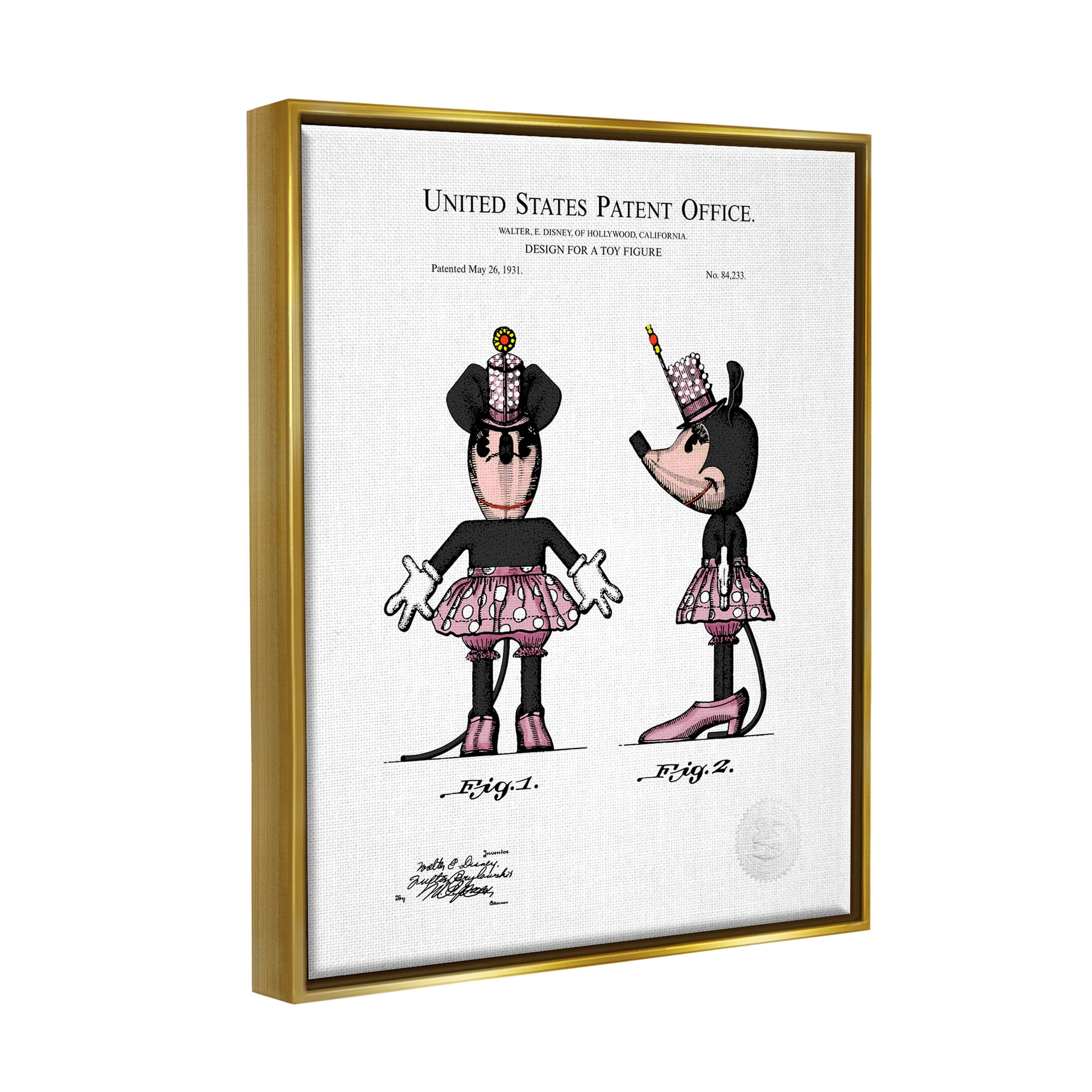 Stupell Industries Girl Mouse Toy Patent Graphic Art Metallic Gold Floating Framed Canvas Print Wall Art, Design by Karl Hronek