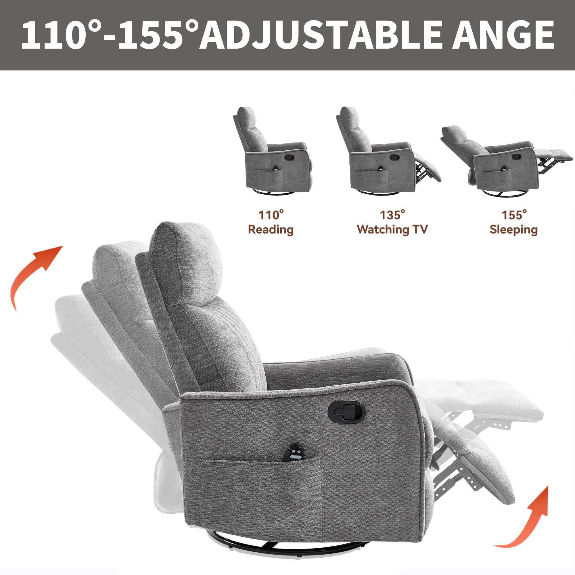 MAYEERTY Dark Grey Chenille Heat Massage Recliner Chair, 360° Swivel Rocker for Living Room