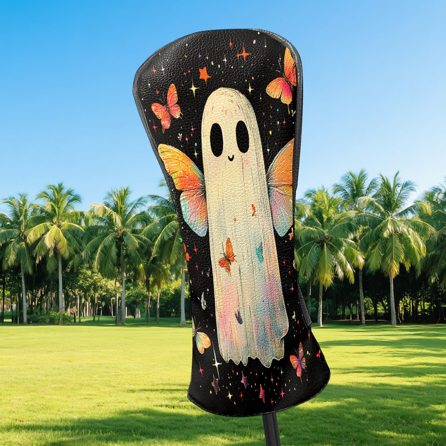 Golf Club Head Covers Colorful Ghost Butterfly for Driver and Fairway Woods, Premium PU Leather, Waterproof, Velvet Lining, Unisex Golf Gift