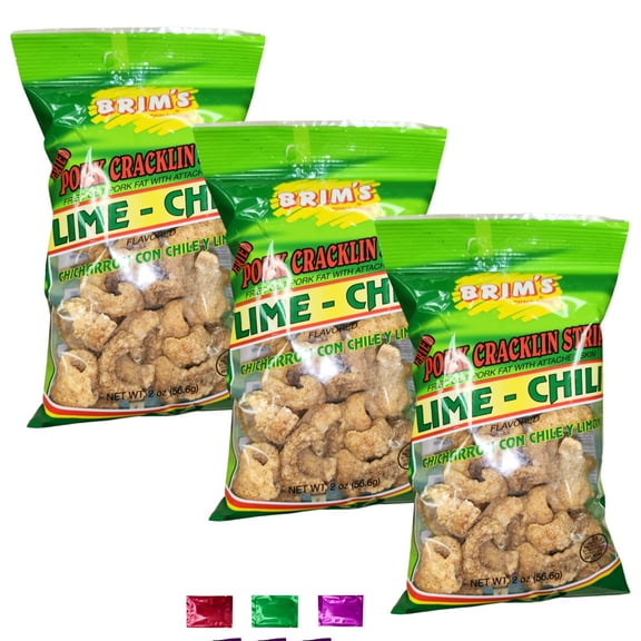 Brim's Lime Chili Fried Pork Cracklin Strips Snack 2 Oz Pack of 3, Spicy Pork Chicharron with Skin, Crunchy Low-Carb Keto-Friendly On-the-Go Party Beer Snack w/ Snoep in Beperkte Oplage