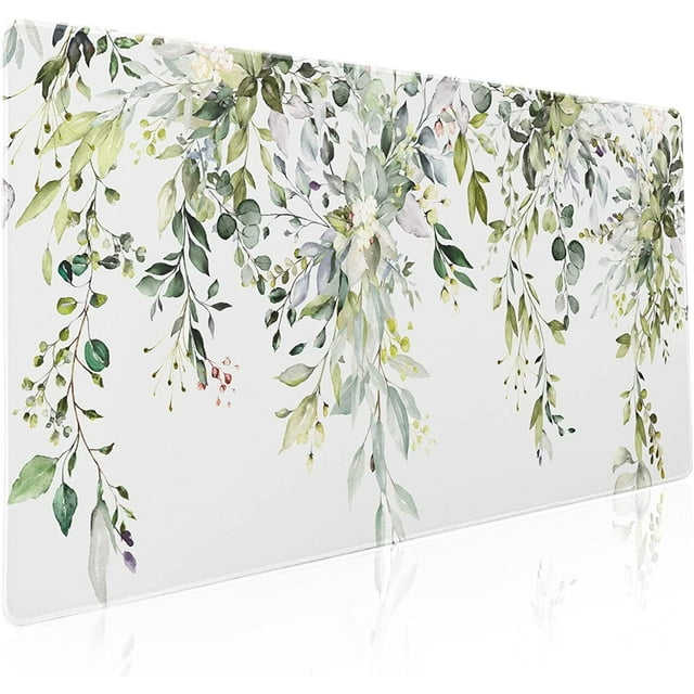 Sage Green Leaves Gaming Mouse Pad XXL Spring Summer Floral Extended Large Desk Mat White Big Mousepad Non-Slip Rubber Base Stitched Edge Long Mousepad for Desktop Office Gamer, 35.4 x 15.7 inches