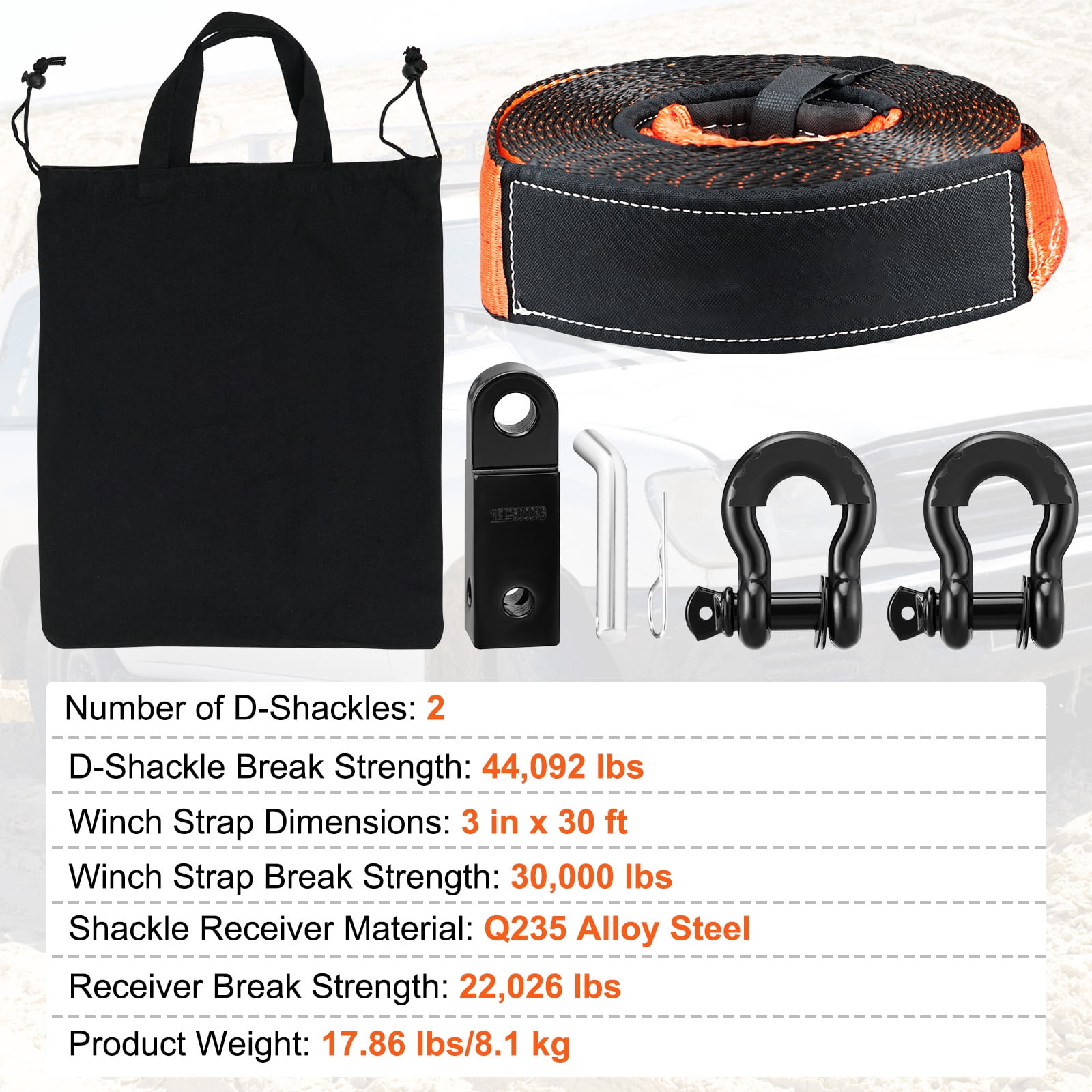 KFFKFF Off-Road Recovery Kit, 3" x 30' Tow Straps Heavy Duty with Hooks 30,000 lbs Capacity Winch Tow Strap Kit, 44,092 lbs D-Ring Shackles