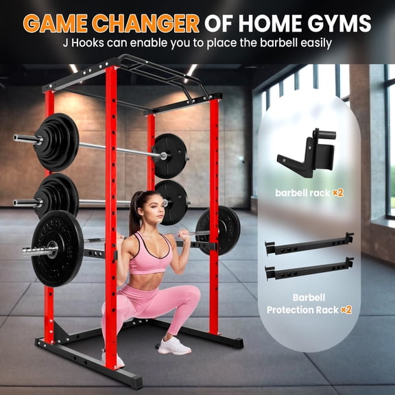 Tanfengu 1200LBS Power Cage Squat Rack, Heavy-Duty Steel Power Rack with Adjustable Safety Bars & Pull-Up Bar, for Home Gym Strength Training（Red）