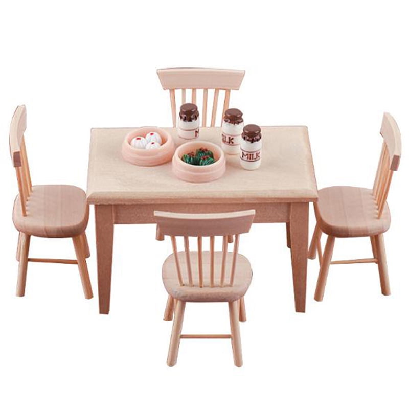 1:12 Dollhouse 5pc Set Dining Table Chair Set Accessory Mini Retro Solid Wood 