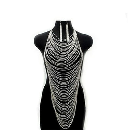 Sexy Body Chain - Fashion Women Alloy Body Chain Long Necklace Chokers Punk Sexy Statement Jewelry with 1 Pair Earrings Silver