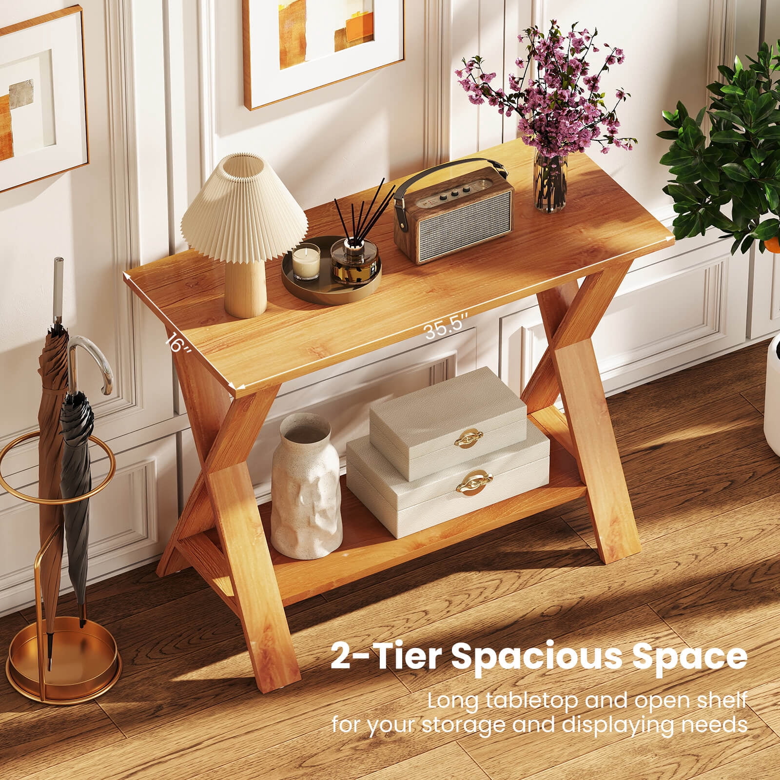 Costway 35.5-Inch Long Entryway Table with Storage Shelf Solid Teak Wood Console Table